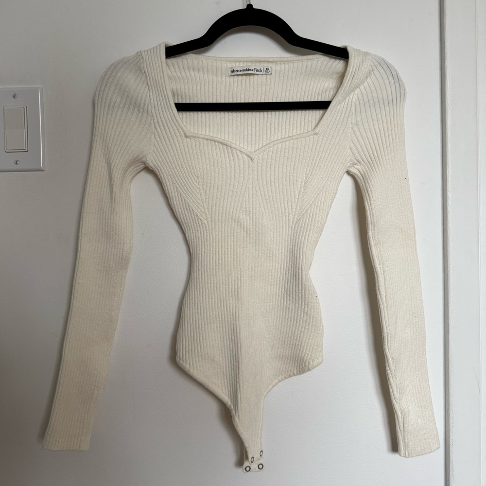 Abercrombie & Fitch Cream Ribbed Square-Neck Long-Sleeve Bodysuit